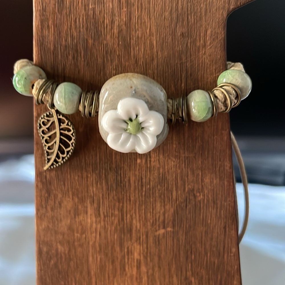 Green and Tan Bohemian Bracelet with Charms - Picture 5 of 6